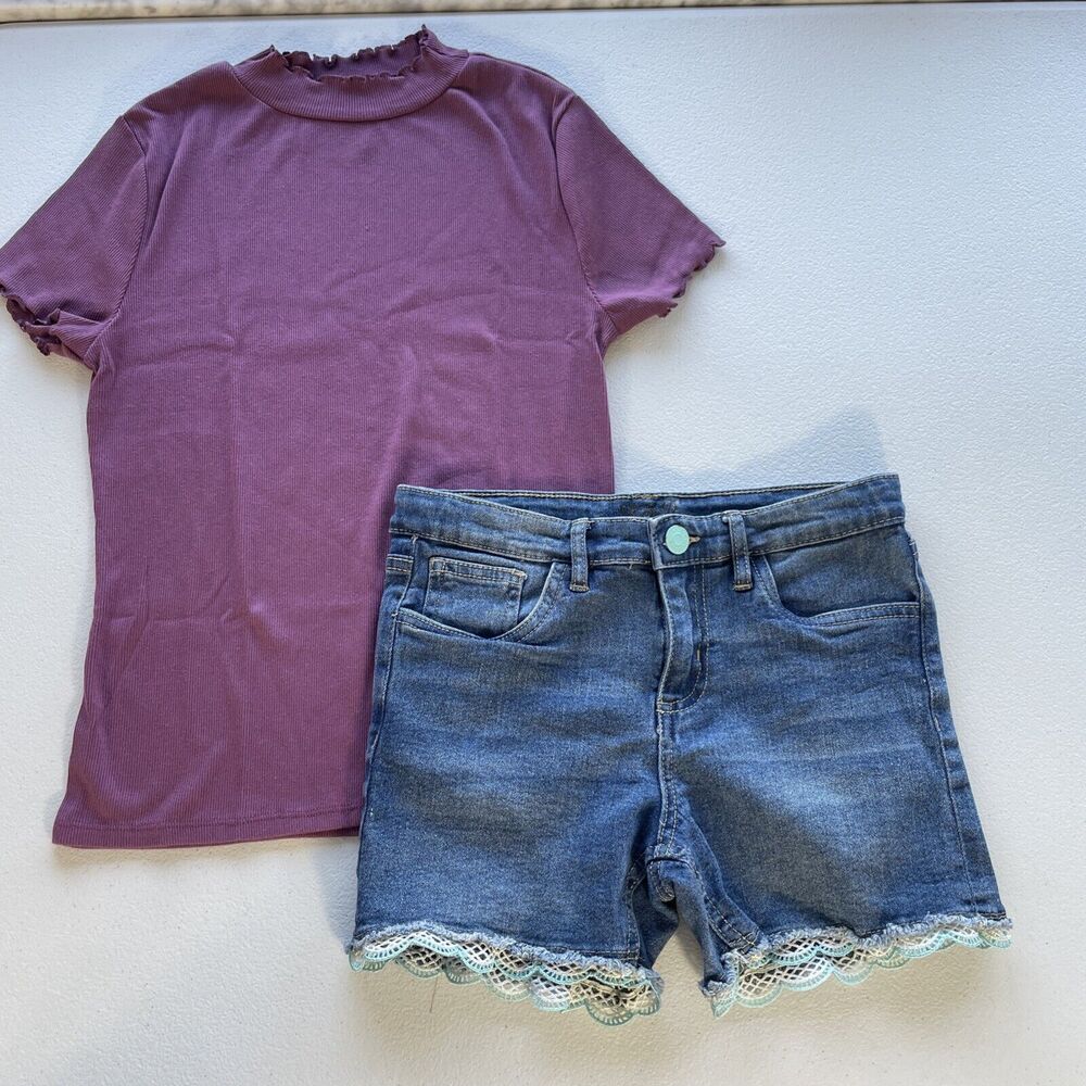 Lot of 2 Pcs Girls Sz 14 Vigos Denim Shorts Wonder Nation Top Casual *Fair/play